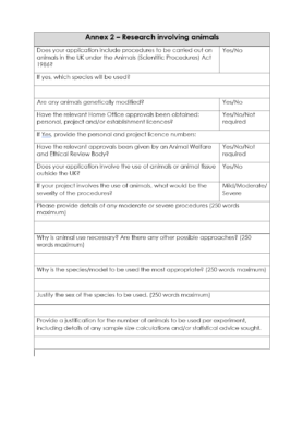 A view of the front cover of the 'annex 2 - research involving animals' document for the diabetes research grant.