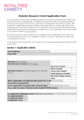 A view of the front page of the diabetes grant application page.