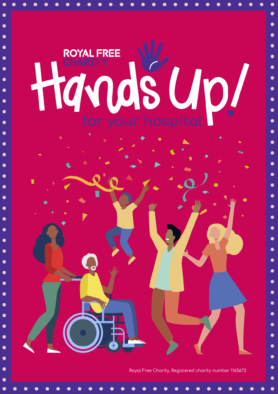 The front cover of our 'Hands Up! for your hospital' fundraising pack, there is an illustration of people dancing, one person is in a wheel chair, their is confetti above them.