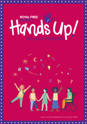 The front cover of our 'Hands Up! for your hospital' school fundraising pack. There is an illustration of some school children and some confetti on the cover.