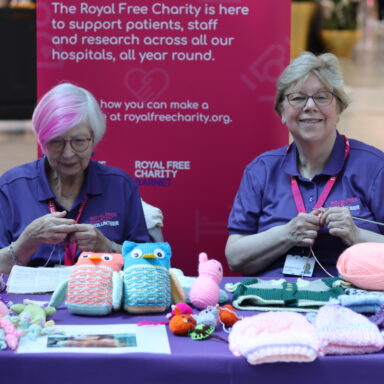 Two women sat at a table knitting.