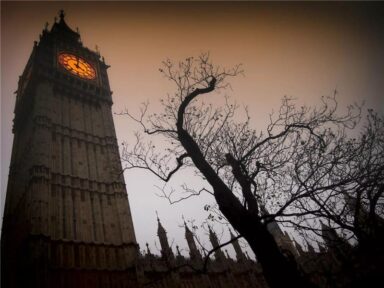 Evening ground shot looking up at Big Ben, with the clock face coloured in orange, and a spooky tree in front of it.