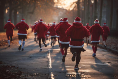 A group of runners all dressed as Santa Clause running through a park on a brisky morning.