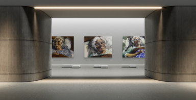 Photo of a AI generated gallery entrance with a back wall of three paintings beyond two large pillars.