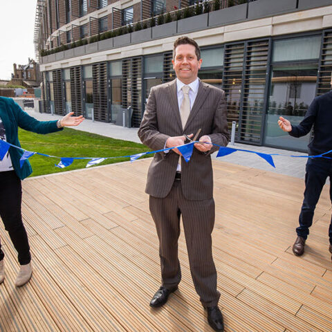 Royal Free Charity chief executive, Jon Spiers cutting the ribbon at the opening of the Pears Building. He is joined by Professor Hans Stauss, director, UCL Institute of Immunity and Transplantation (IIT) and Caroline Clarke, former chief executive of the Royal Free London NHS Foundation Trust