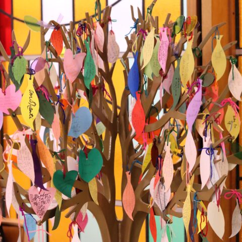 A craft tree covered in small pieces of colourful paper to resemble leaves on which prayers are written.
