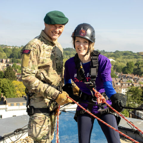 Julie Hamilton, group chief nurse, abseiling down the Pears Building during the Royal Free Charity Brave New Heights event.