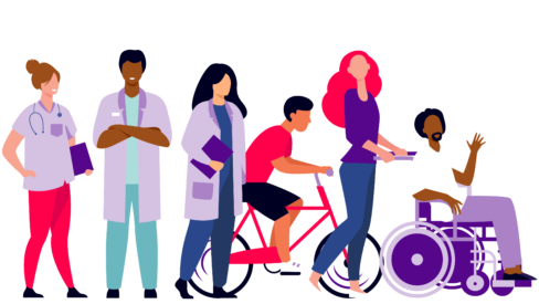 Illustration showing a diverse group of people including healthcare professionals, a person riding a bicycle, a person walking, and another person in a wheelchair, representing inclusion and accessibility.
