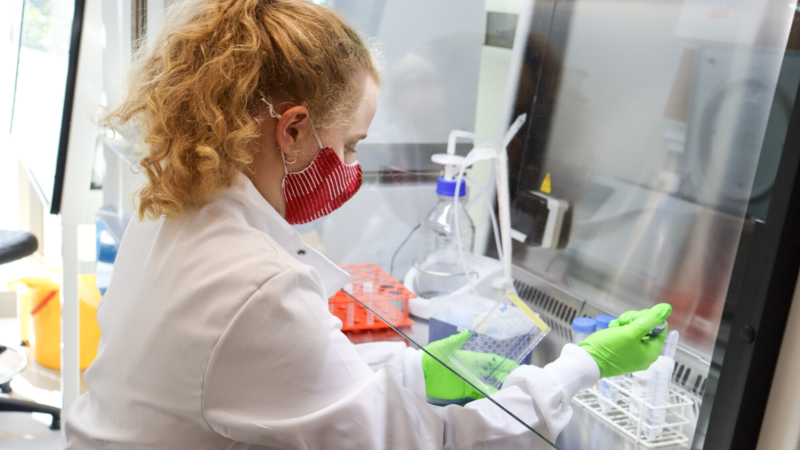 A female reasearcher working at a station within the UCL lab. She is wearing a white lab coat with green latex gloves.