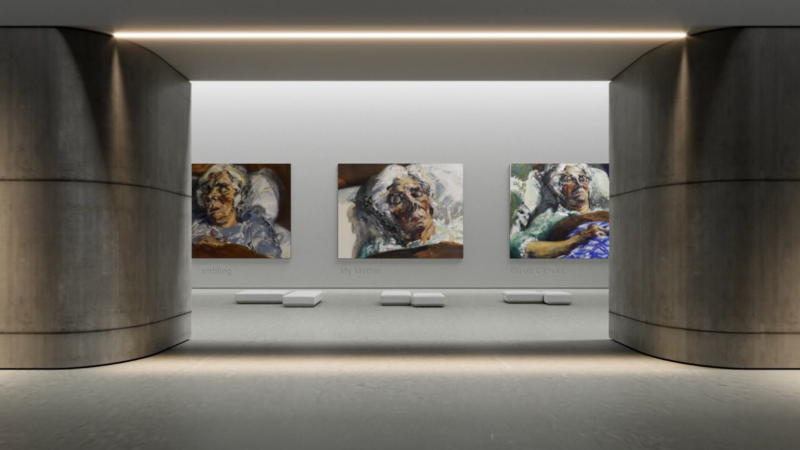 Photo of a AI generated gallery entrance with a back wall of three paintings beyond two large pillars.
