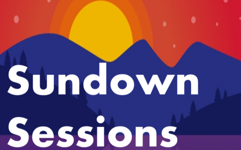 Graphic of a sunset with the words 'Sundown Sessions'.
