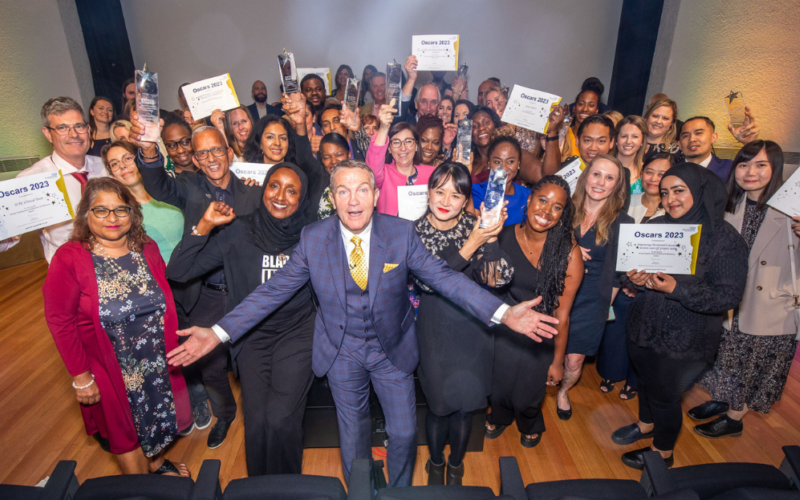 Group photo from staff awards with Bradley Walsh at the centre.
