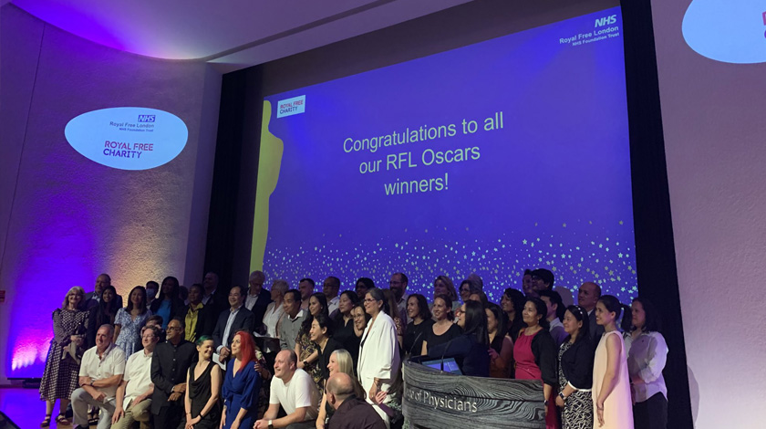 Royal Free London staff on stage celebrating the 2021 Staff Oscars