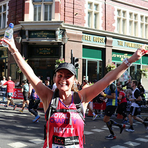 One of our runners proudly showing her support for Royal Free Charity during the TCS London Marathon 2022