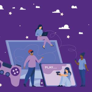 A graphic illustration of four relaxed figures positioned in and around a tablet, gaming joystick and plasma screen. 